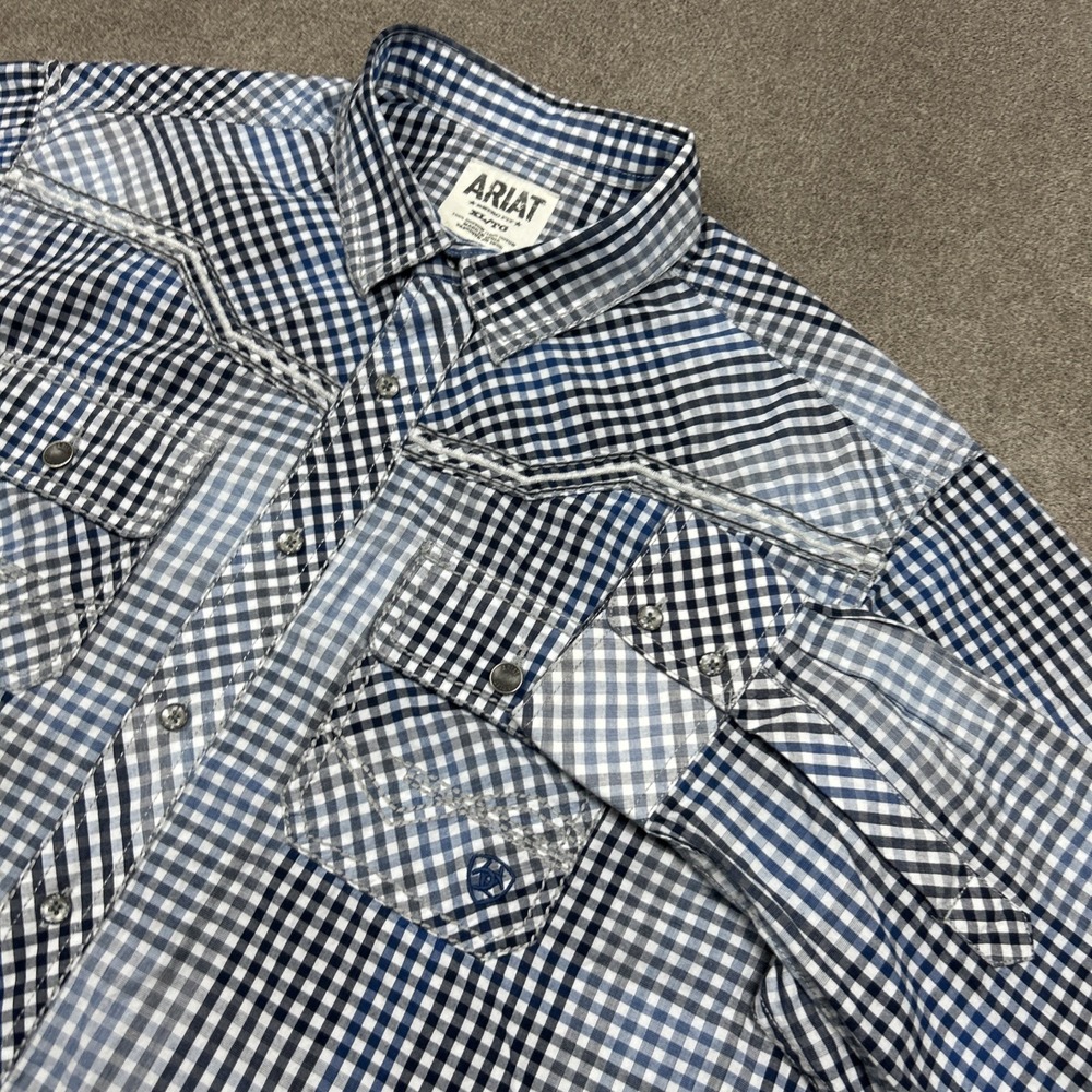 Ariat Retro Fit Mens Shirt XL Blue Black Check Western Cotton Metal Button Flap